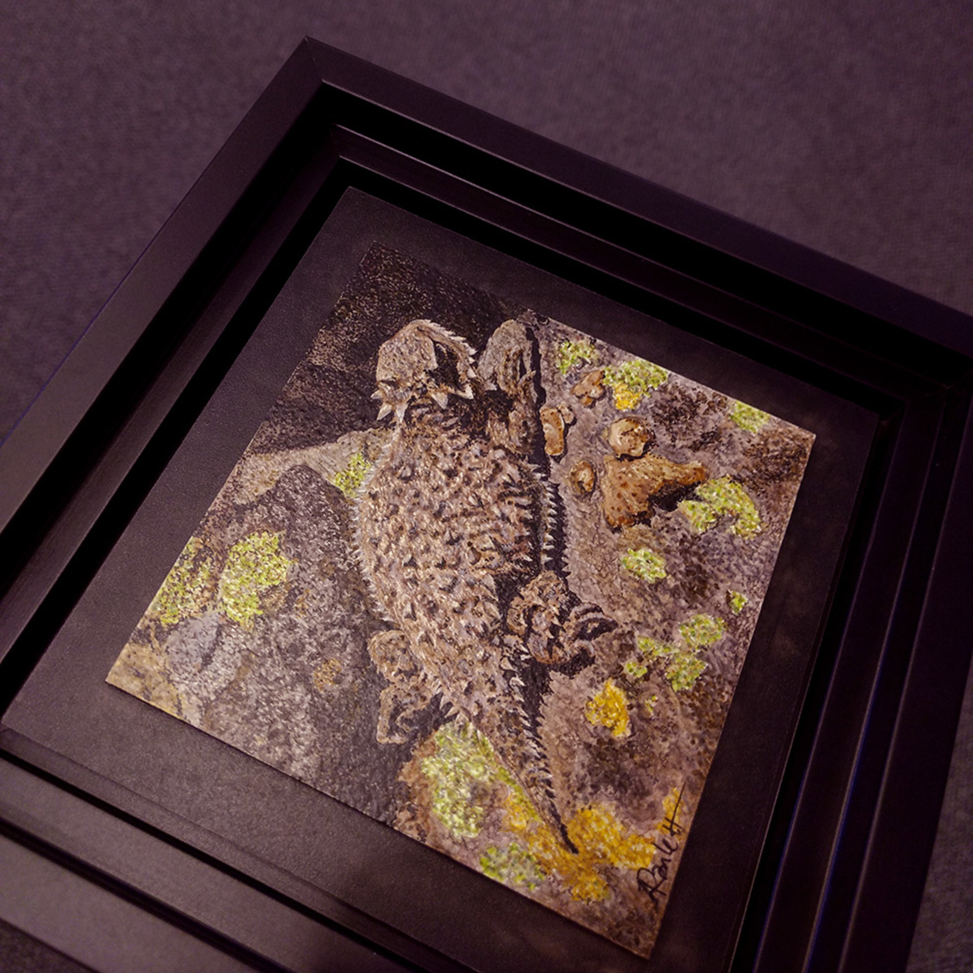 Horned Lizard - Original Mixed Media Drawing, Framed