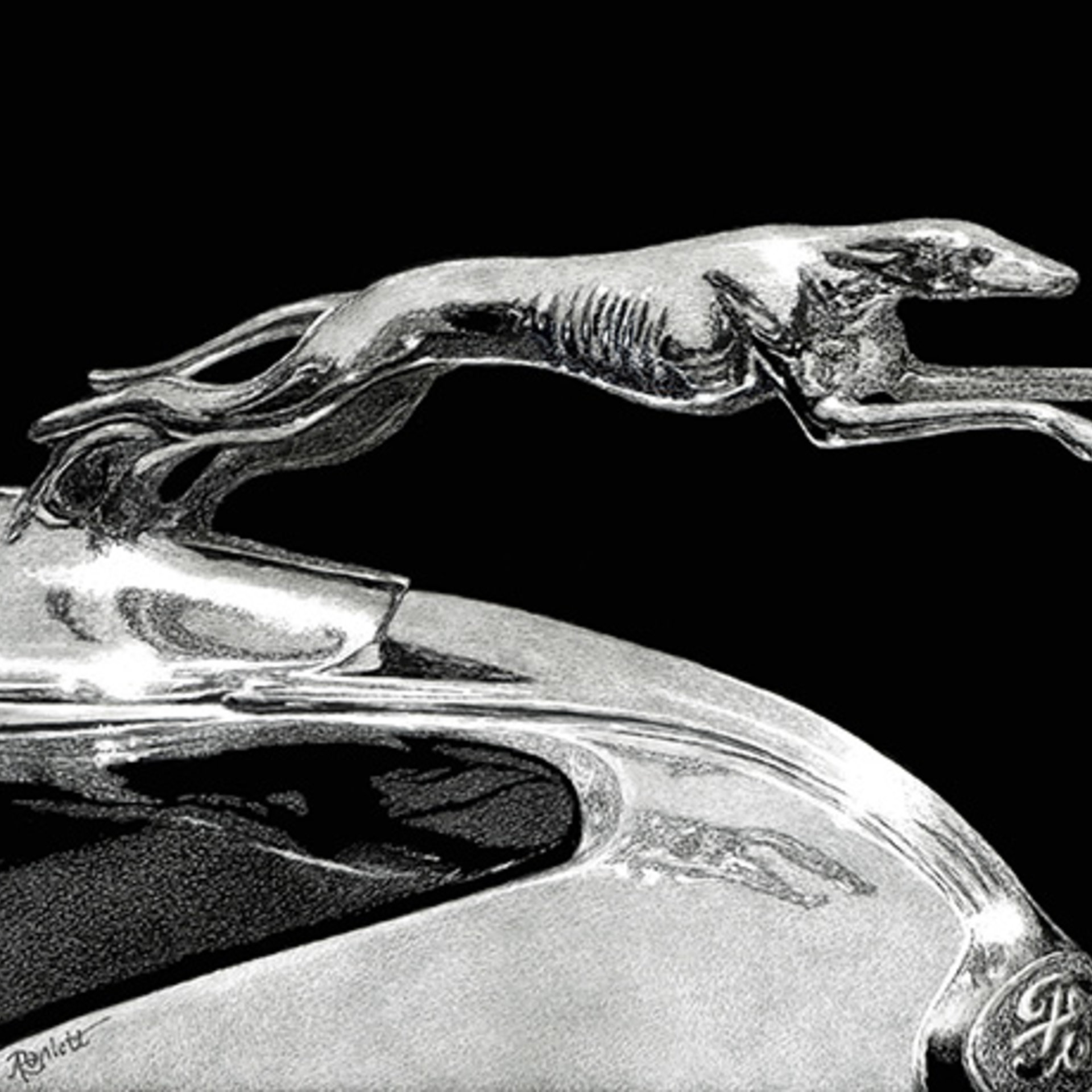 "Chromed Grace", Greyhound Hood Ornament - Print on Metal