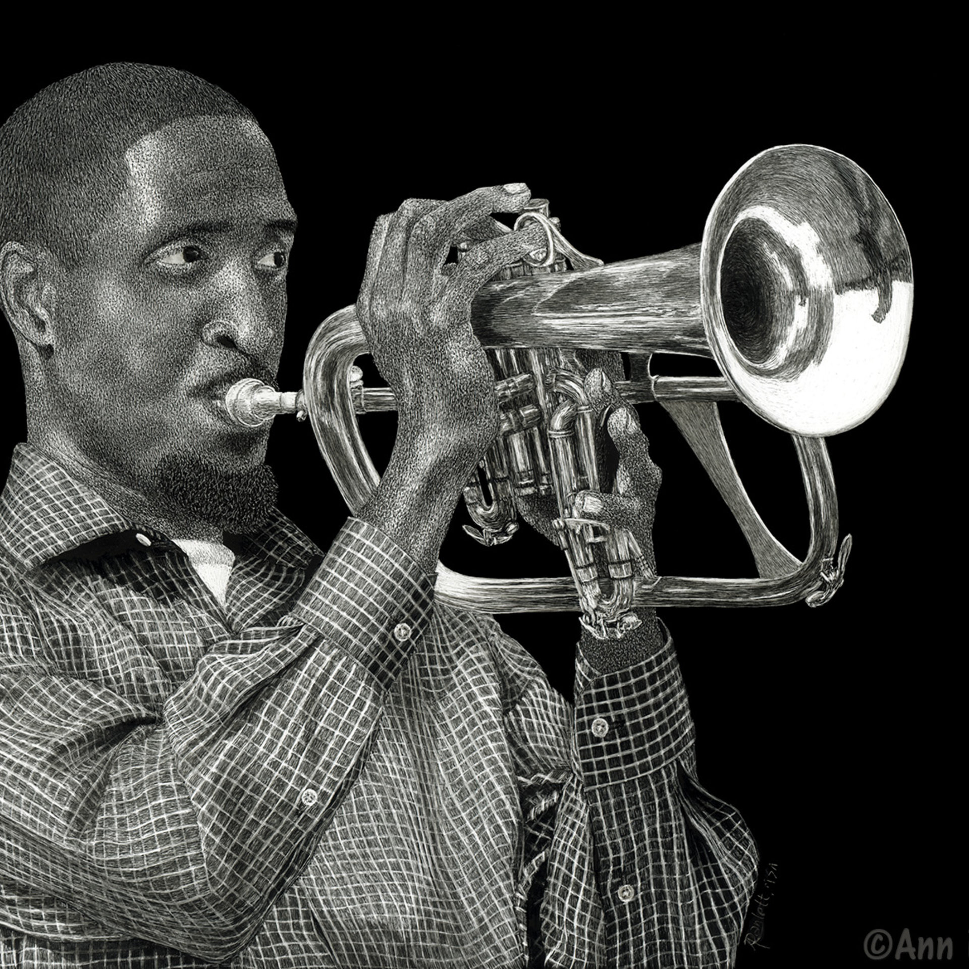 "Baltimore Brass" - Musician, Flugelhorn, Original Scratchboard Drawing, Framed
