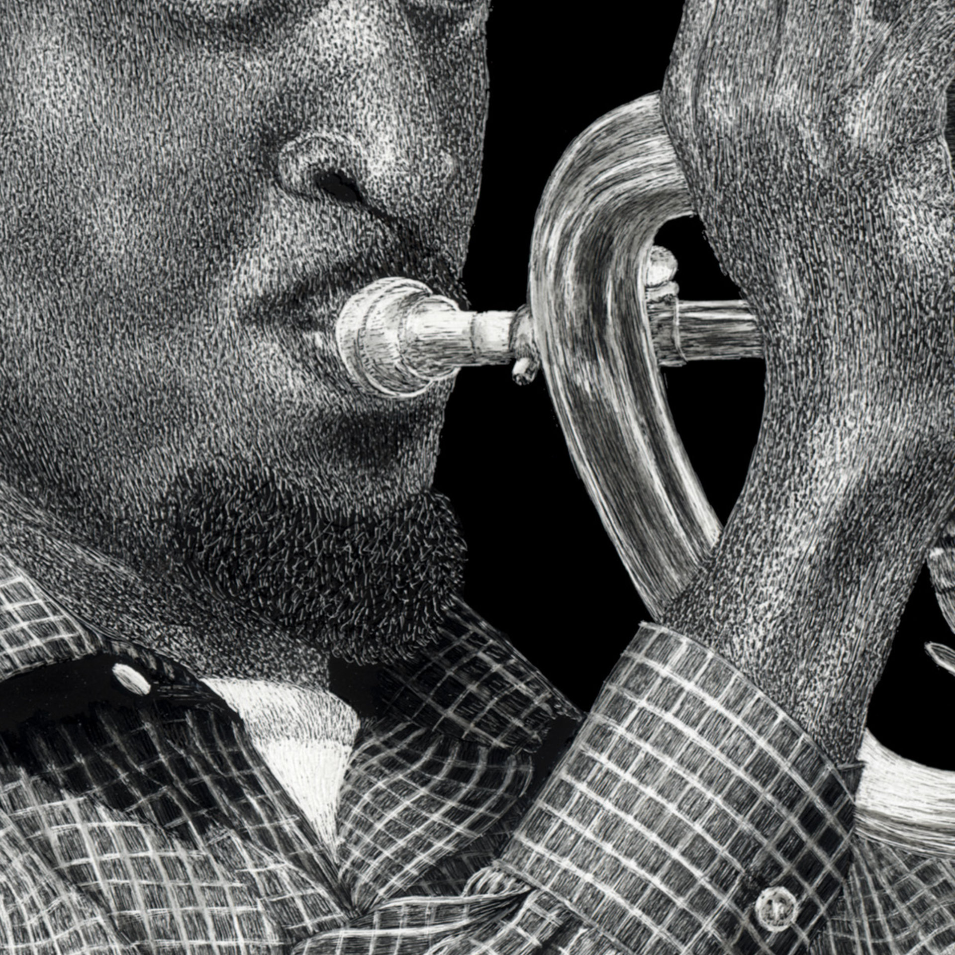 "Baltimore Brass" - Musician, Flugelhorn, Original Scratchboard Drawing, Framed