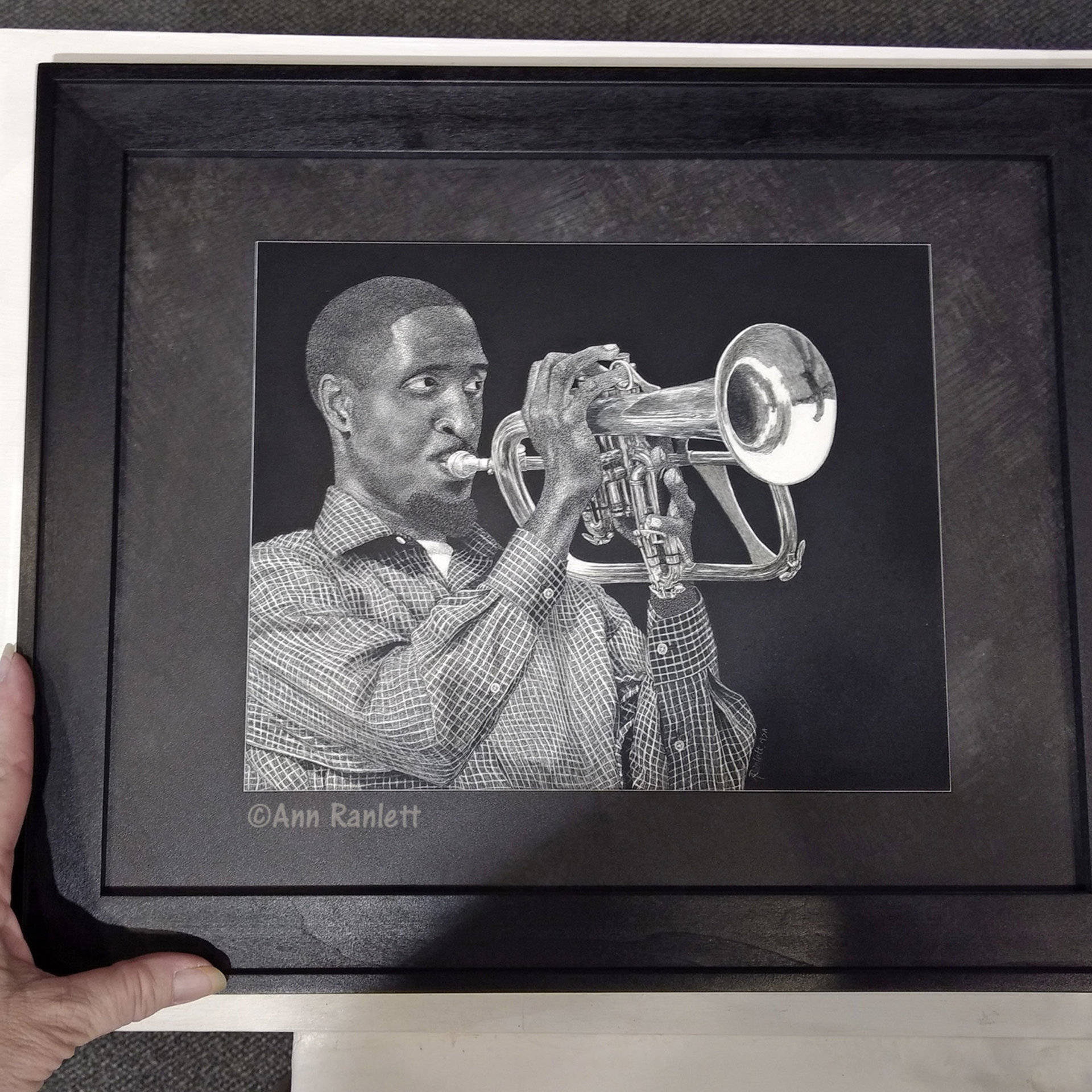 "Baltimore Brass" - Musician, Flugelhorn, Original Scratchboard Drawing, Framed