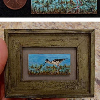 SOLD - Black-necked Stilt - 1" x 2" Original Miniature Drawing, Framed